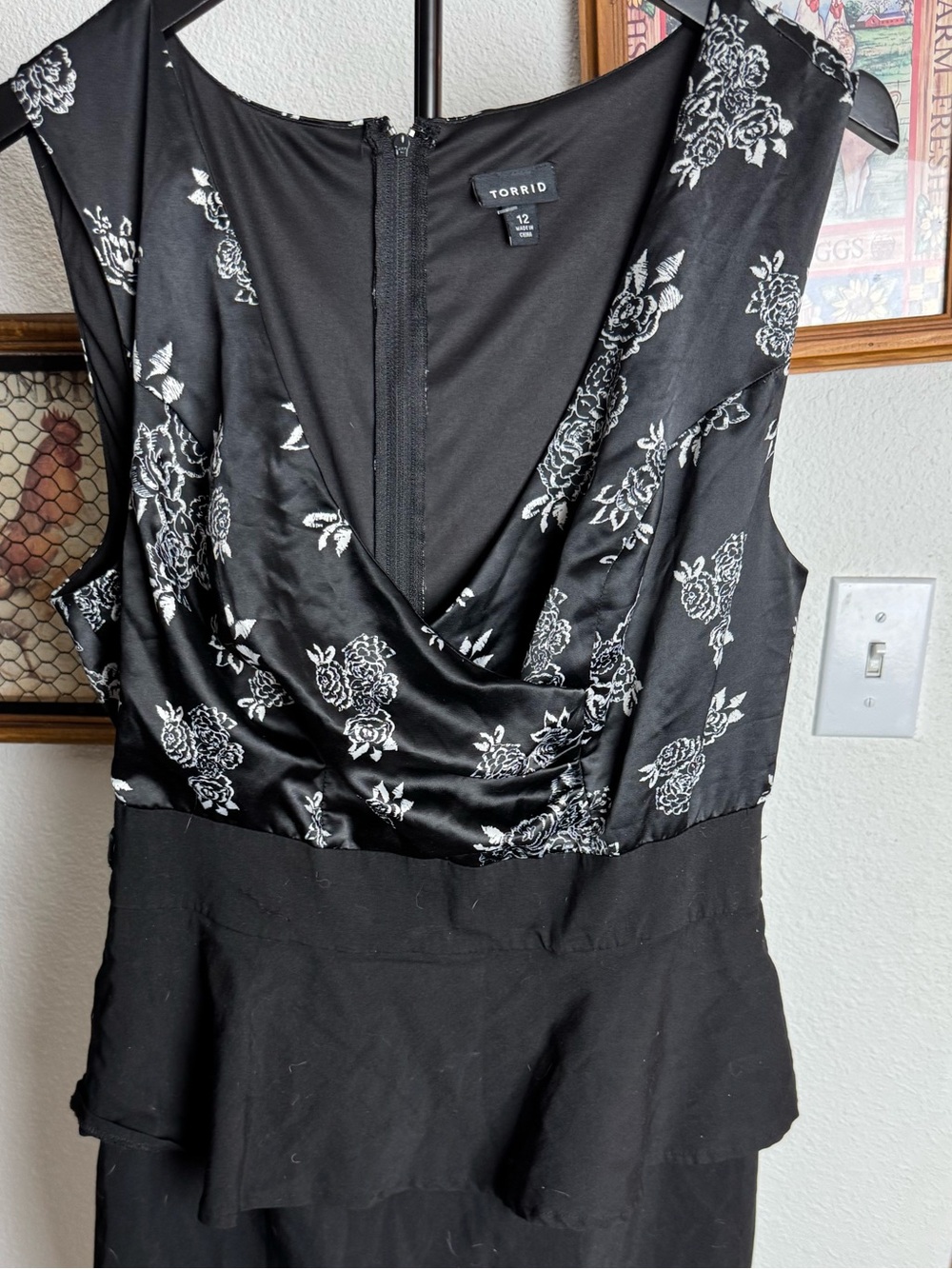 Torrid Woman’s Size 12 Black Satin Floral Peplum Midi Dress or Cocktail Dress